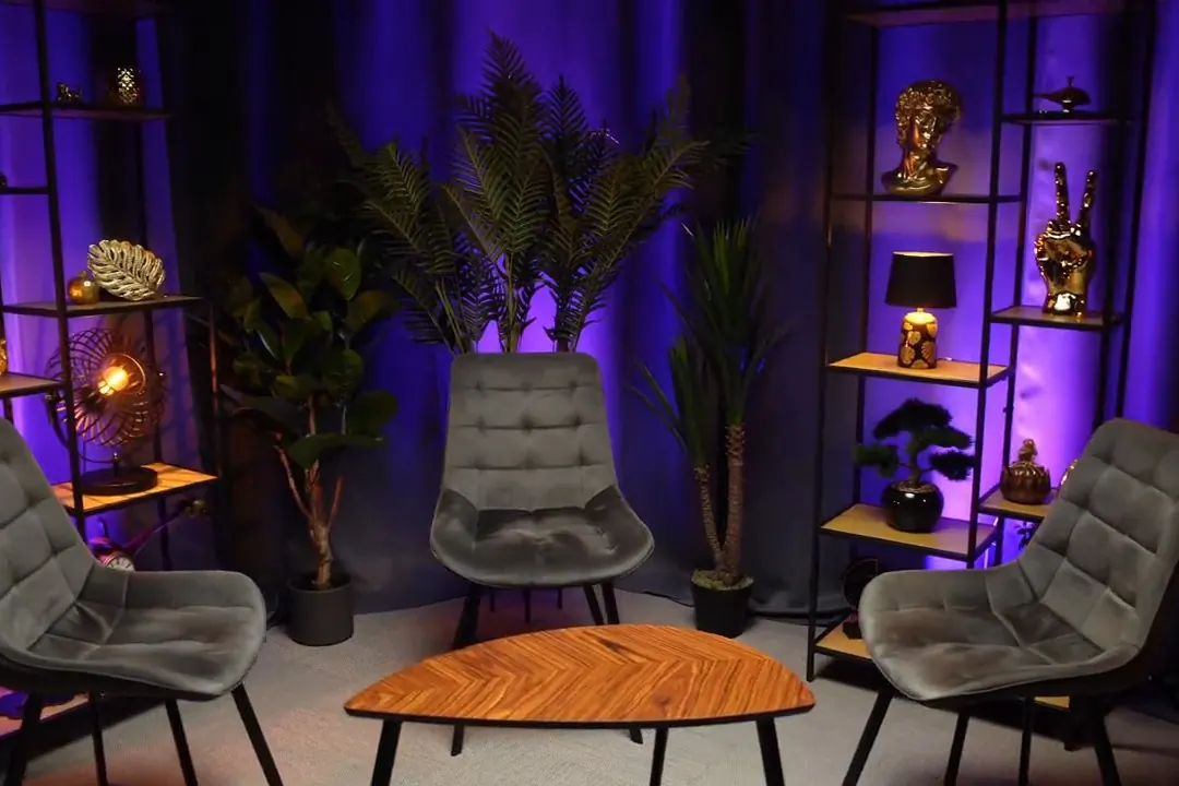 The Baltic Podcast Studio set: three grey armchairs around a wooden table, with plants and shelves in purple light