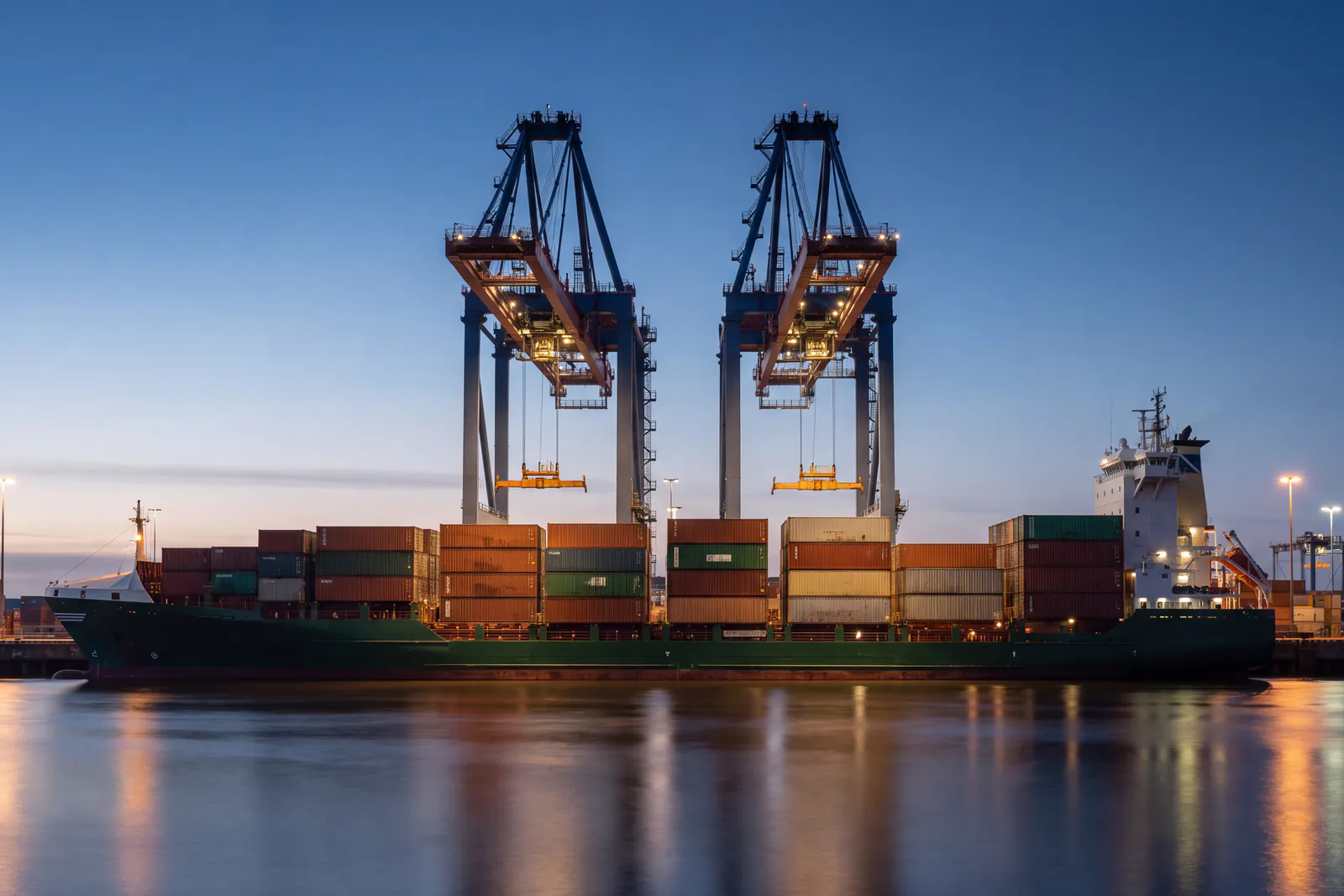 Photo from the Trade House ECLECTIE website: a port at blue hour, two gantry cranes over a container ship and lights reflected in the water